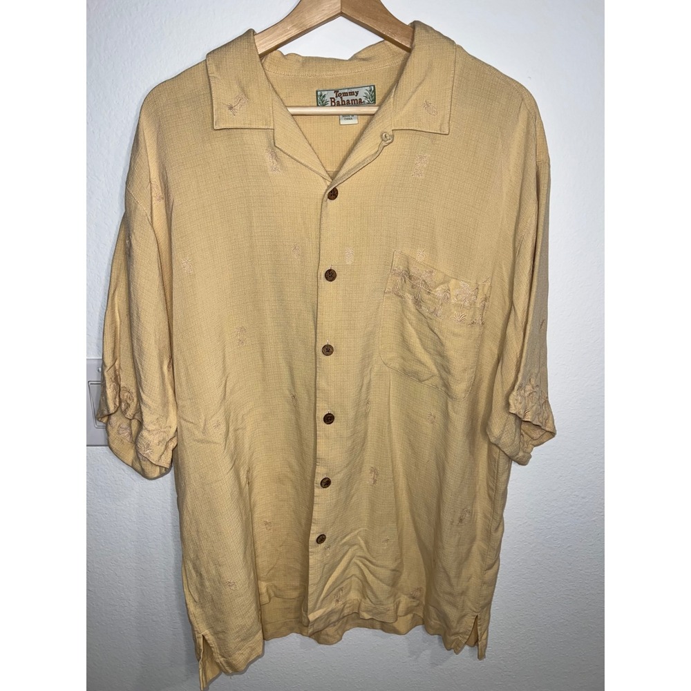 Tommy Bahama Shirt Mens Large Yellow 100% Silk Embroidered Palm Tree Camp Collar